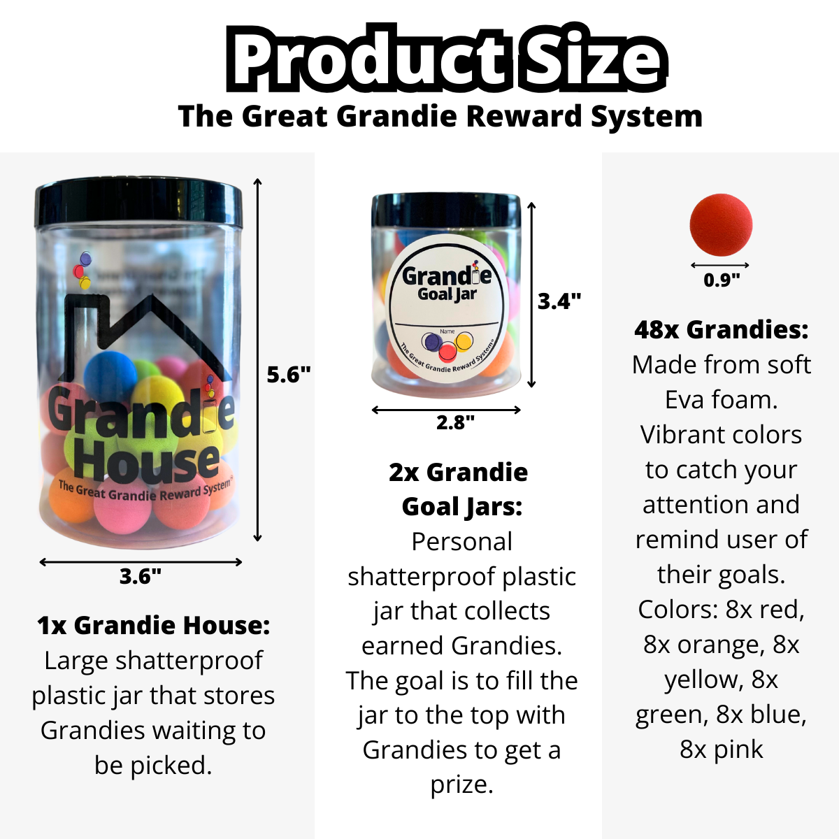 Grandie House: 5.6 inches tall, 3.6 inches wide. Grandie Goal Jar: 3.4 inches tall, 2.8 inches wide. Grandies: 0.9 inches in diameter.