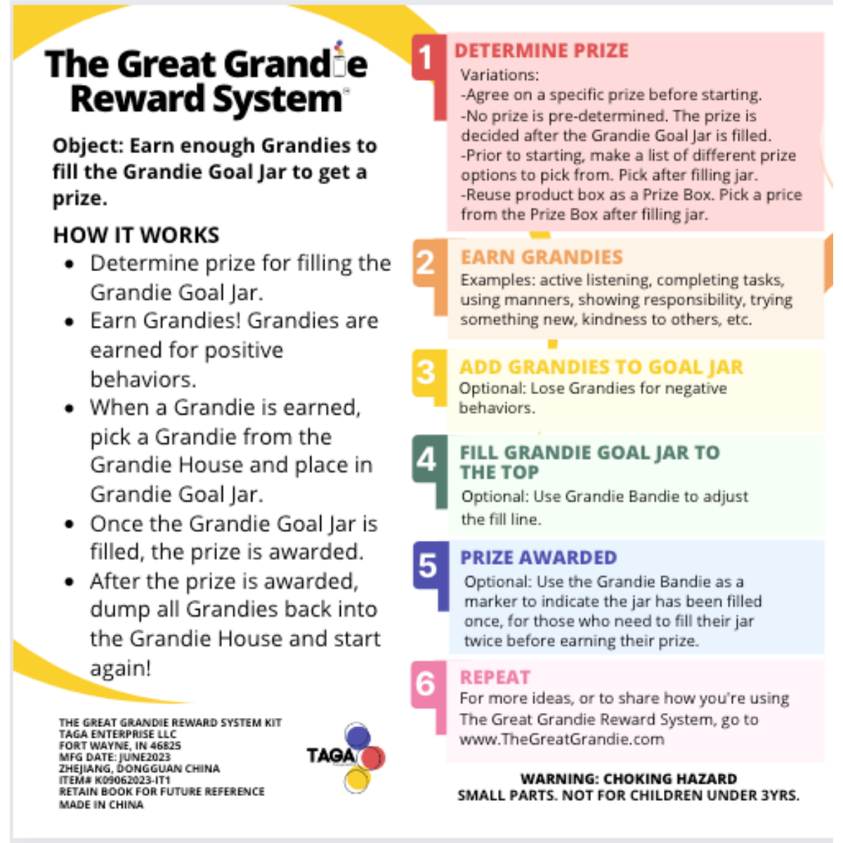 How it works: 1) Determine prize for filling the Grandie Goal Jar. 2) Earn Grandies! Grandies are earned for positive behaviors. 3) When a Grandie is earned, pick a Grandie from the Grandie House and place in Grandie Goal Jar. 4) Once the Grandie Goal Jar is filled, the prize is awarded. 5) After the prize is awarded, dump all Grandies back into the Grandie House and start.